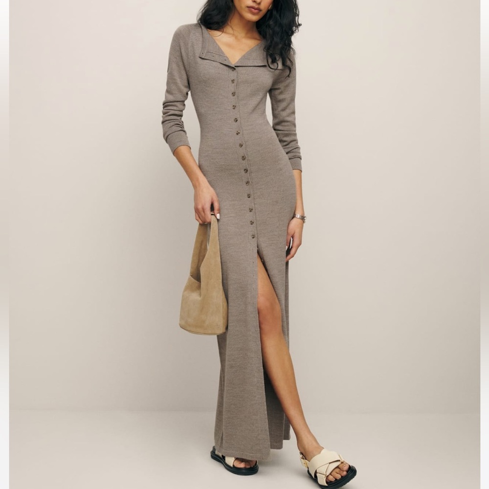 Reformation Long Sleeve Button-Down Dress in Taupe